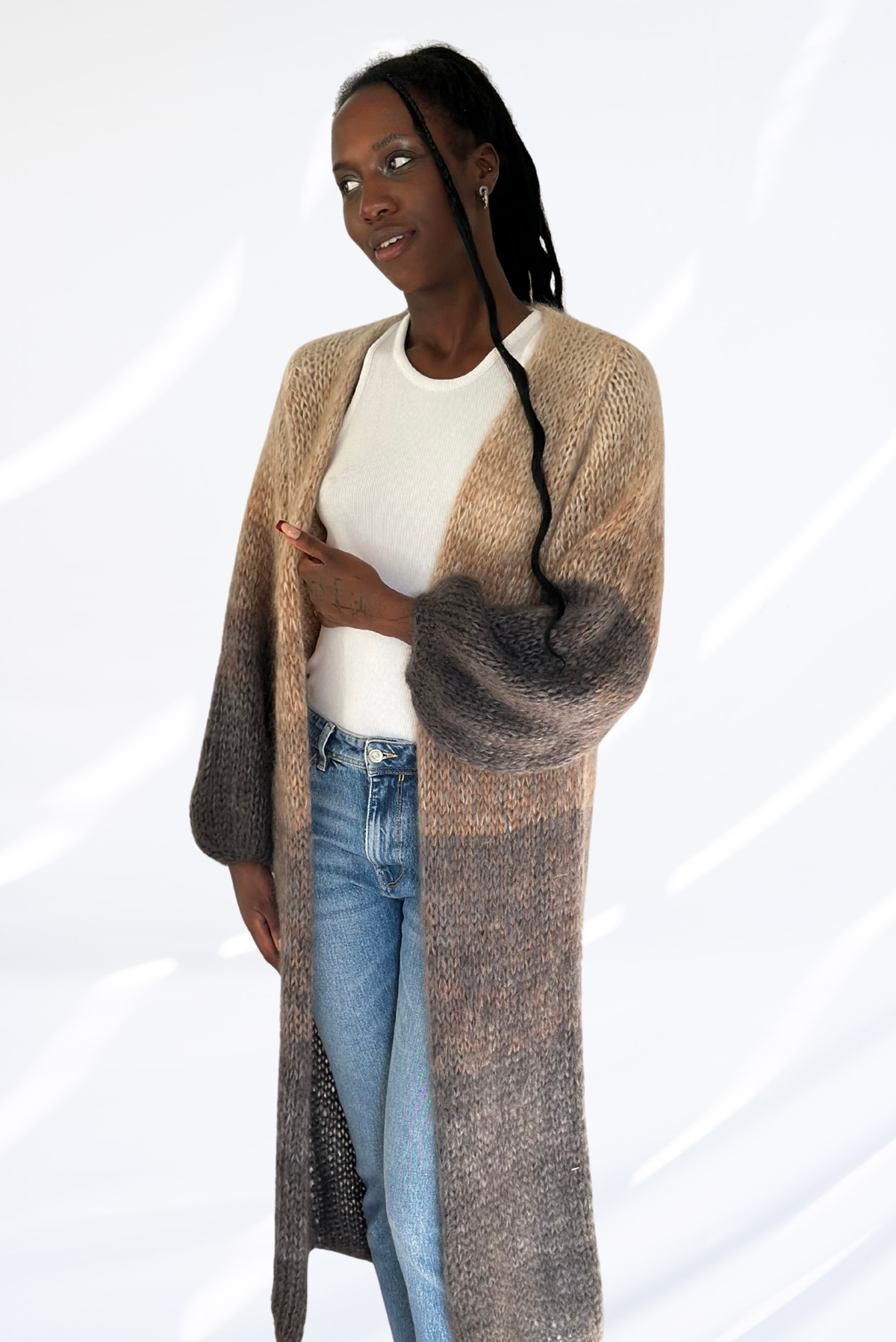 Light beige & grey long cardigan
