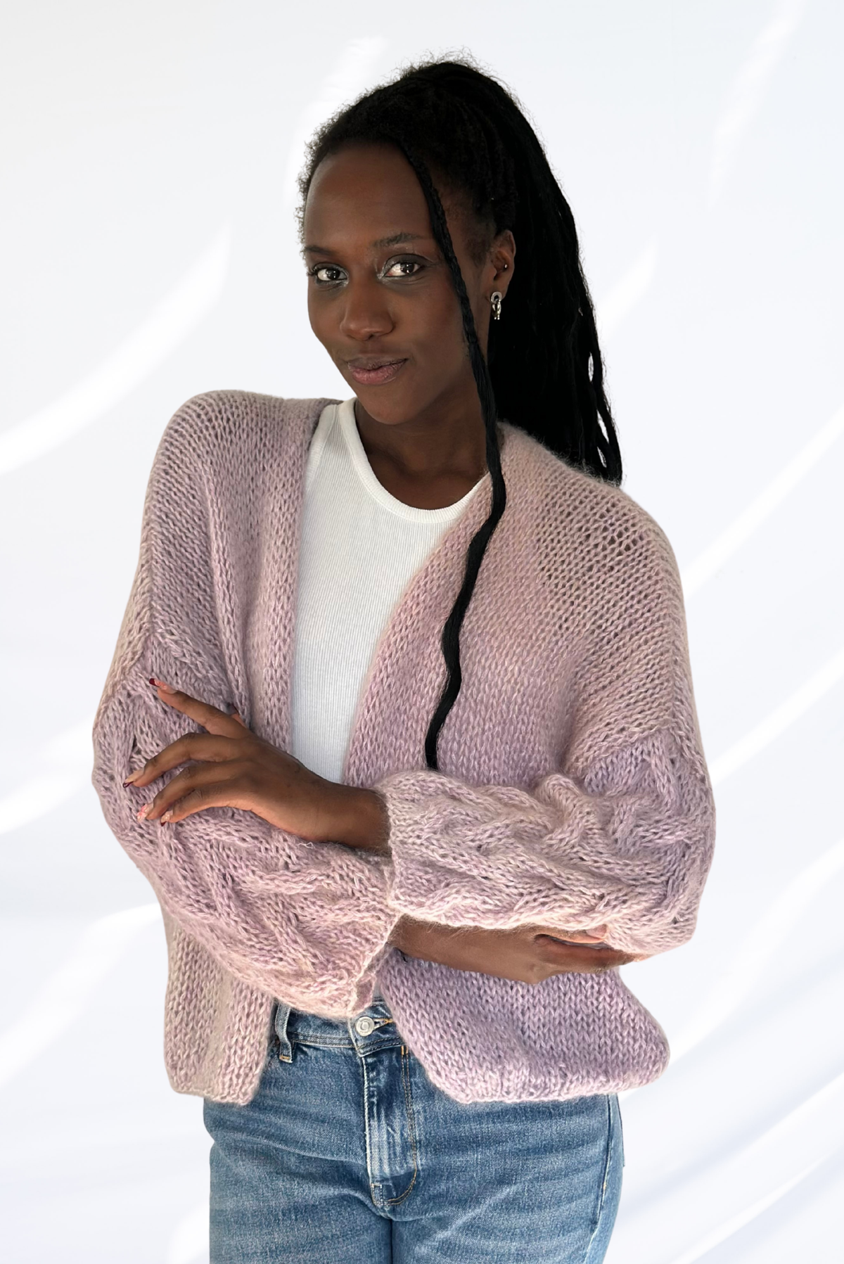 Cable-knit mixed pink cardigan
