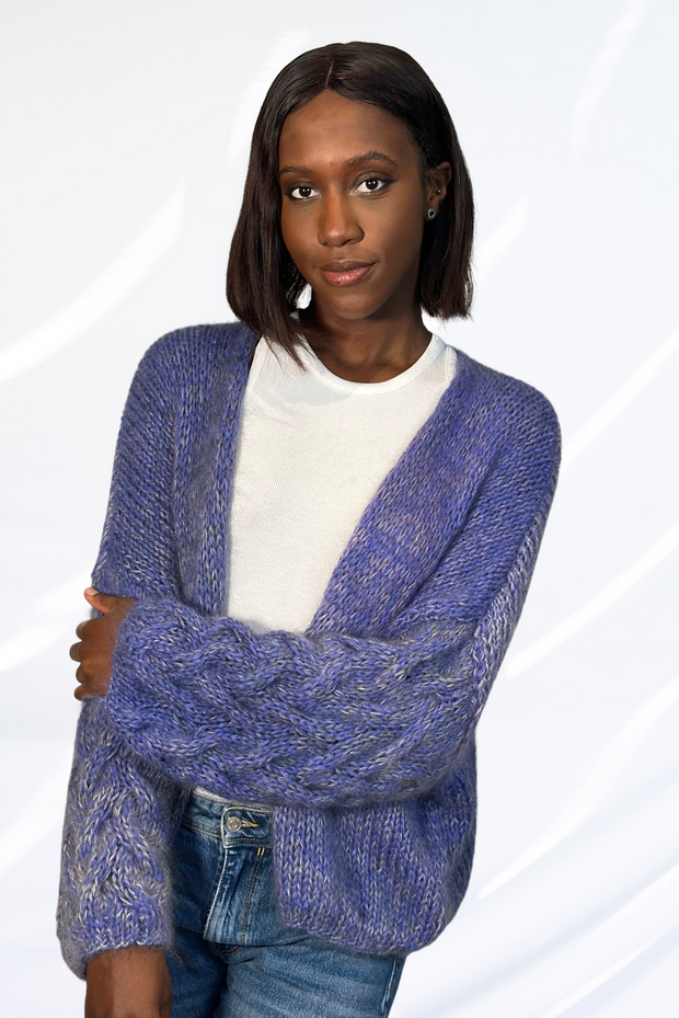 Cable-knit mixed blue cardigan