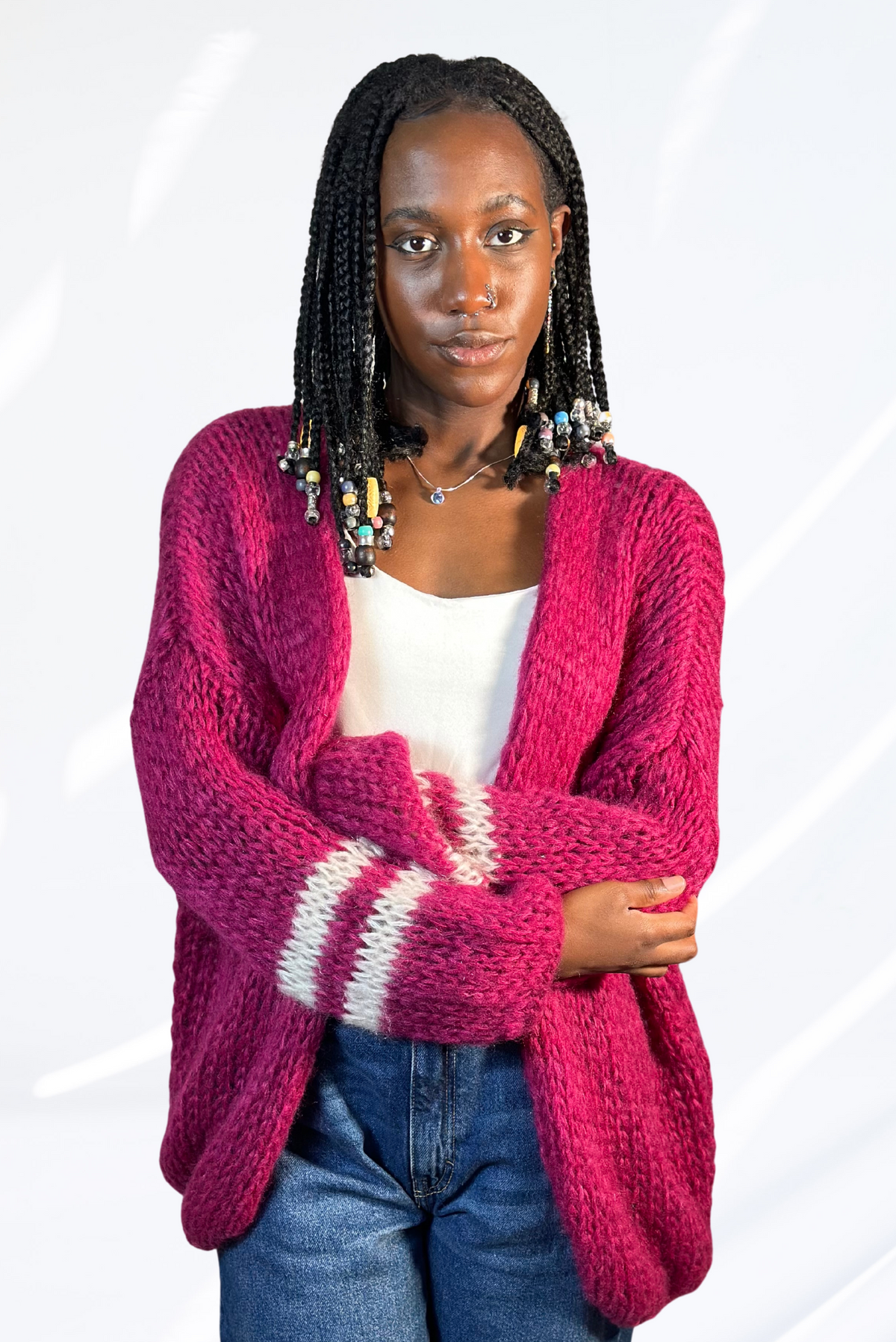 Fushia & white cardigan